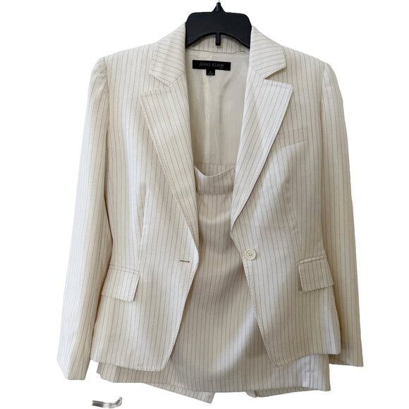 Anne Klein Cream Pinstripe Wool Skirt Suit Set Size 4 - Picture 1 of 6